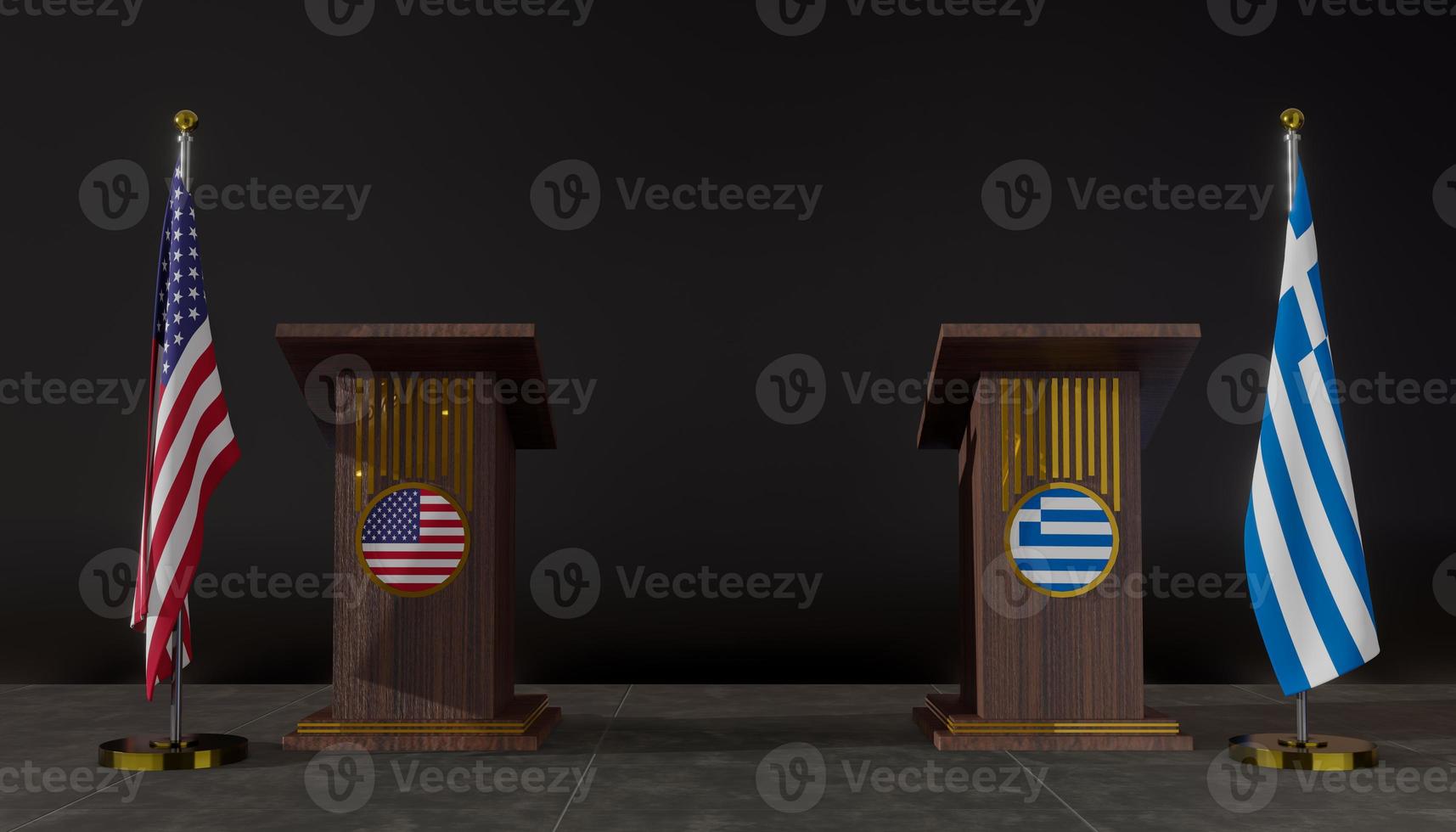bandeiras dos eua e grécia. bandeira dos eua e grécia. negociações EUA e Grécia. tribuna para discursos. trabalho 3d e imagem 3d foto