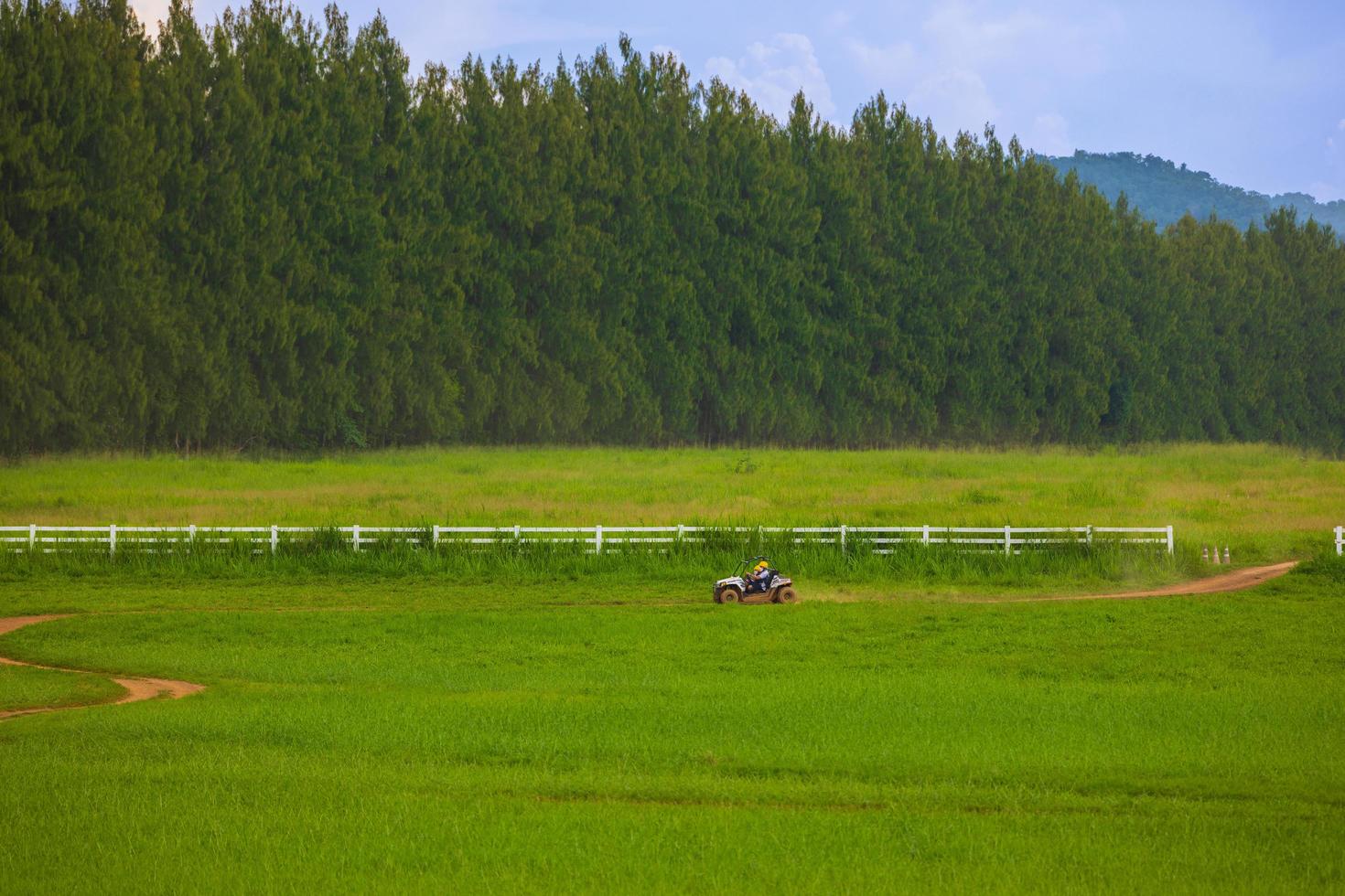 dirigindo nos campos verdes atrás das montanhas com céu azul brilhante. foto