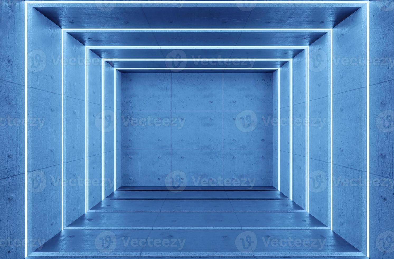 renderização 3D, interior do quarto azul abstrato com lâmpadas de néon brancas. fundo de arquitetura futurista. caixa com parede de concreto. maquete para o seu projeto de design foto