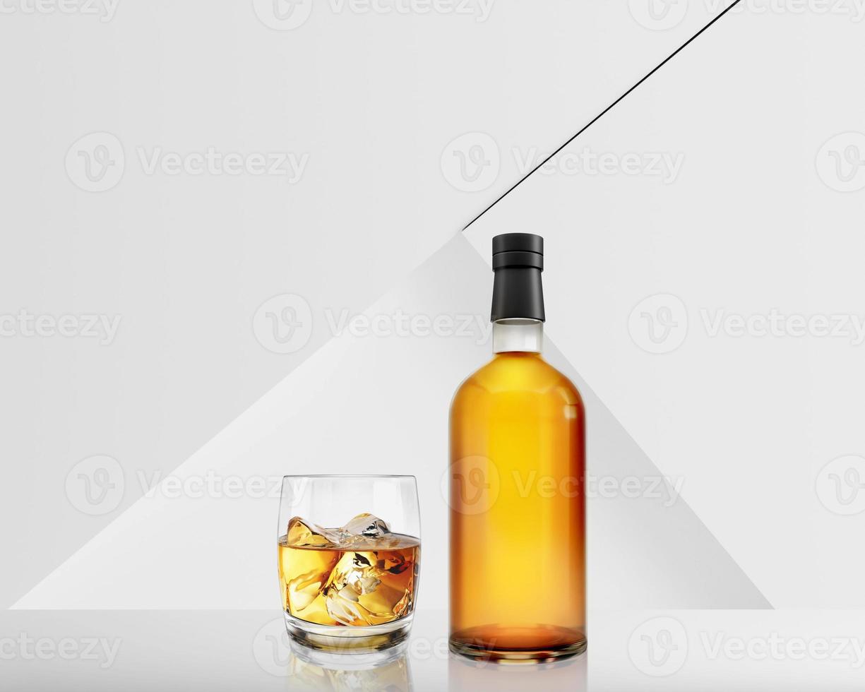 garrafa de uísque com vidro no interior do quarto branco. renderização 3D foto