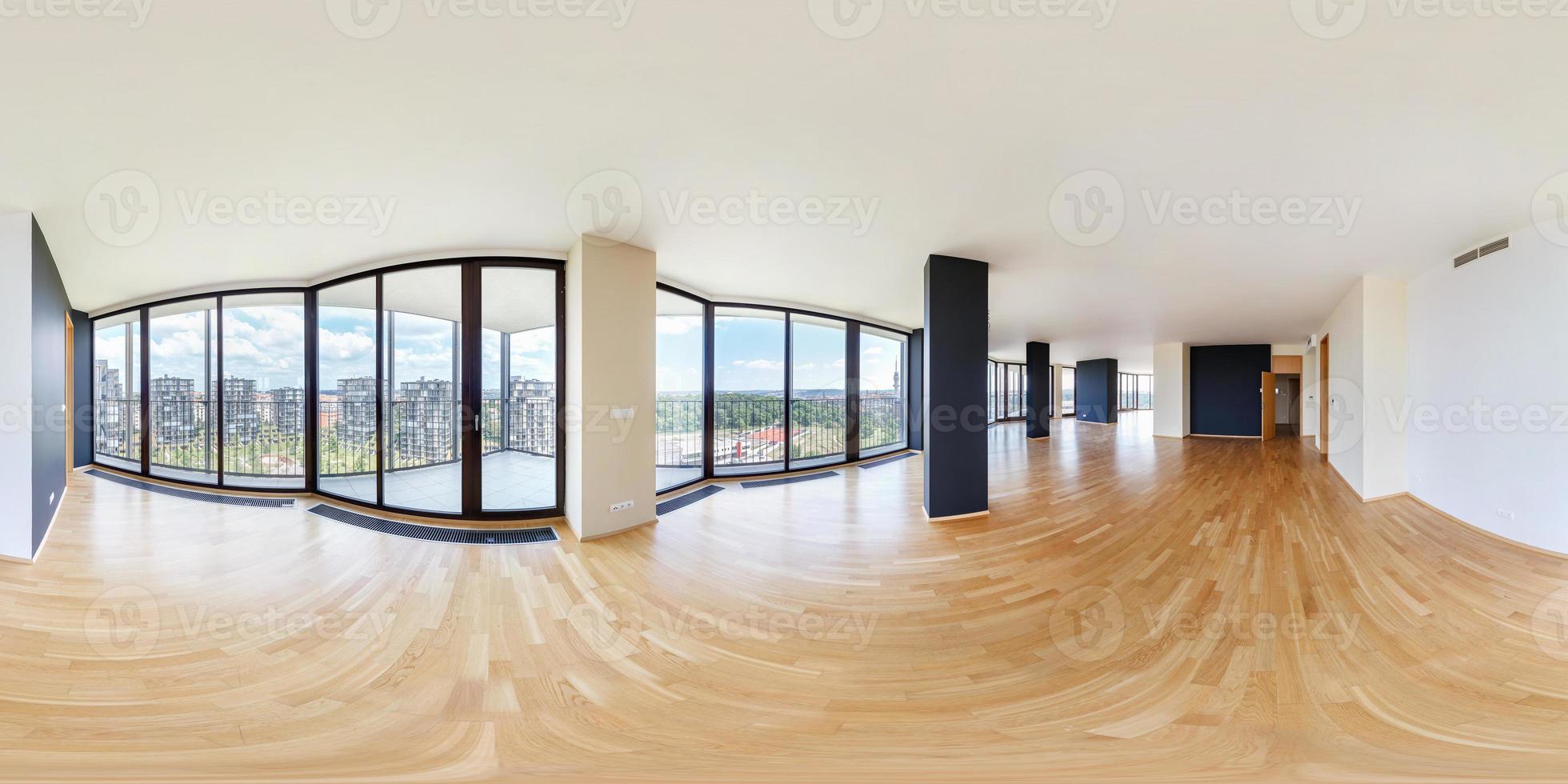 interior de apartamento loft vazio branco moderno, sala de estar, hall, panorama ás, panorama 360 completo em projeção esférica equirretangular, conteúdo vr foto