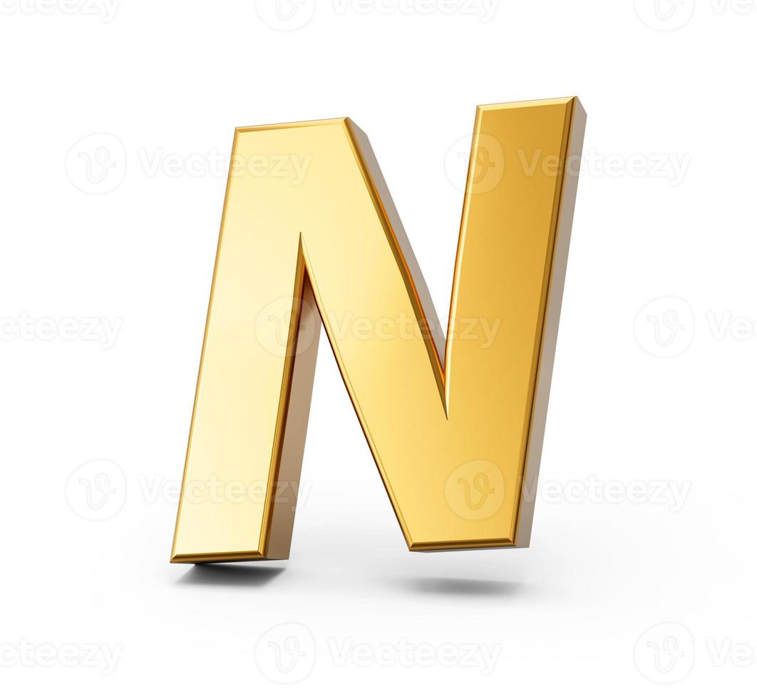 alfabeto dourado n em fundo branco isolado letras douradas 3d números ilustração 3d foto