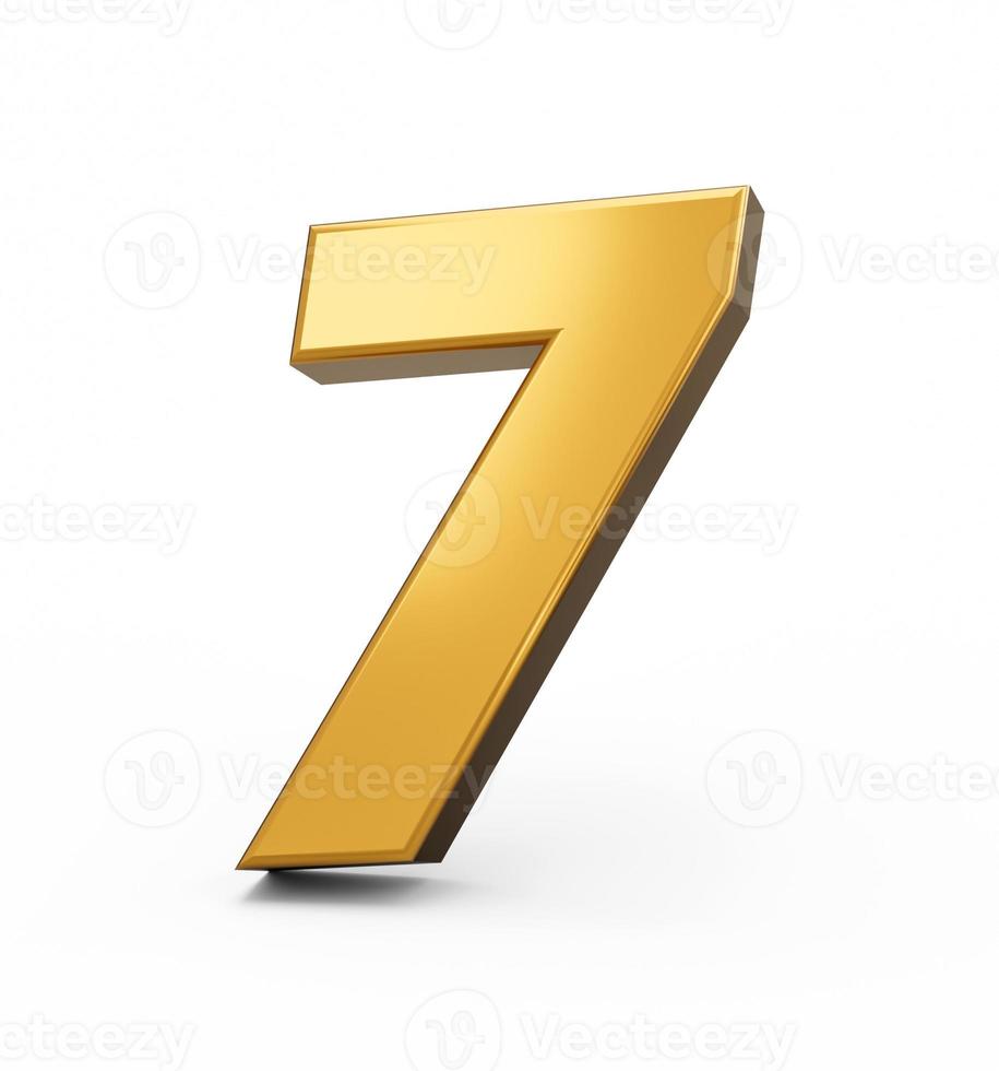 ouro número 7 sete isolado fundo branco. brilhante 3d número 7 feito de ouro ilustração 3d foto