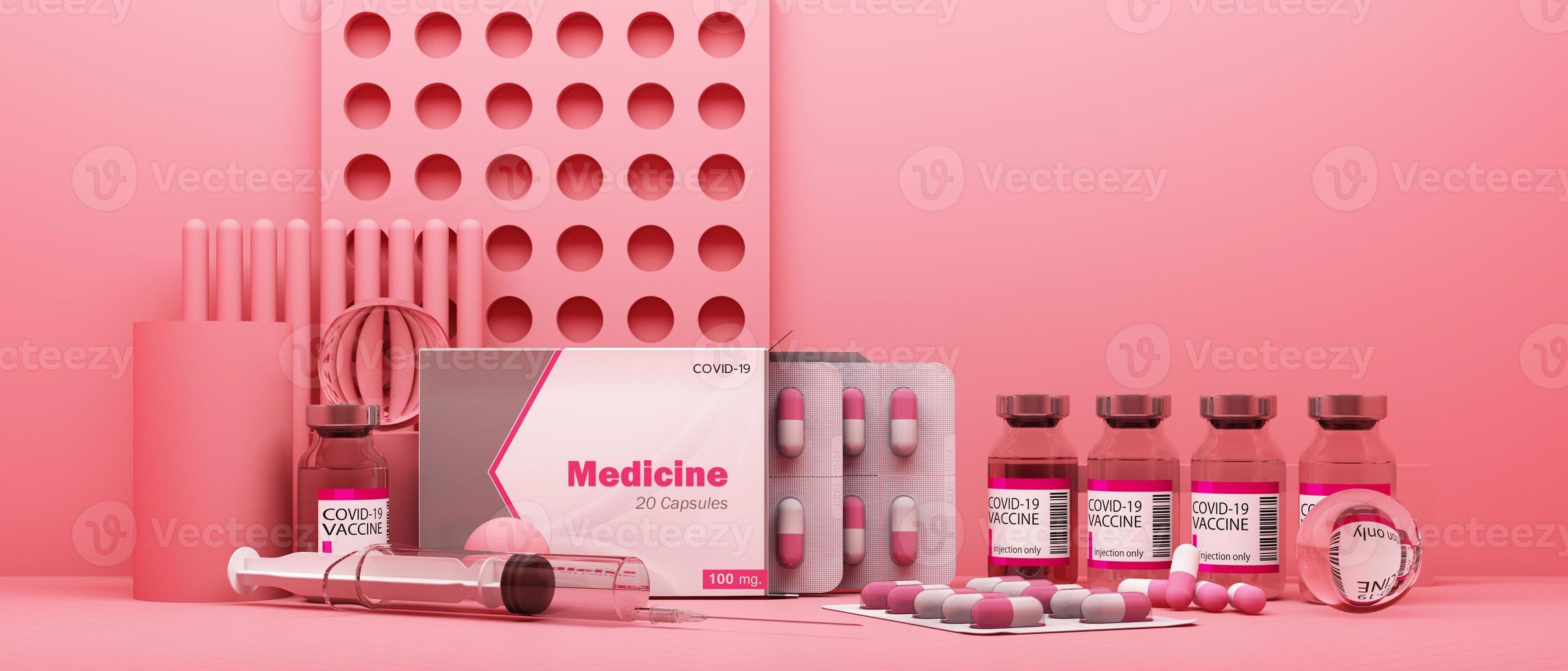 kit de autoteste covid-19 com vacina e medicamento em fundo branco. renderização em 3D foto