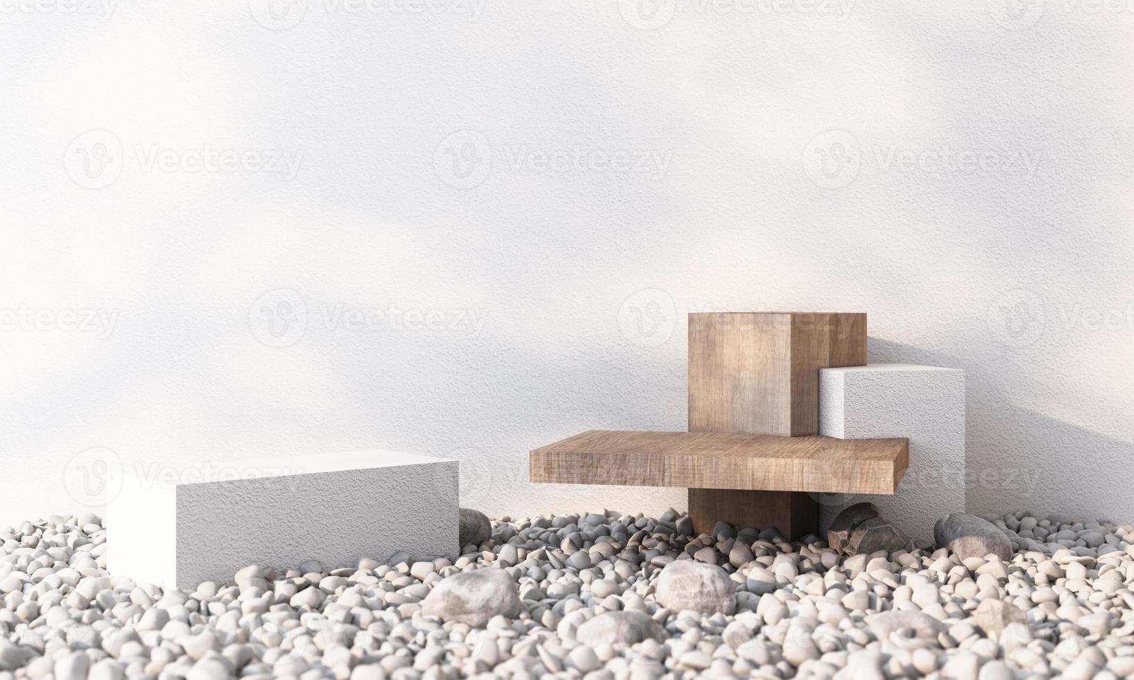 fundo cosmético mínimo para apresentação do produto. com forma geométrica de arco de pedra e madeira e pódio no fundo da parede de concreto de cor cinza. ilustração de renderização 3D. foto