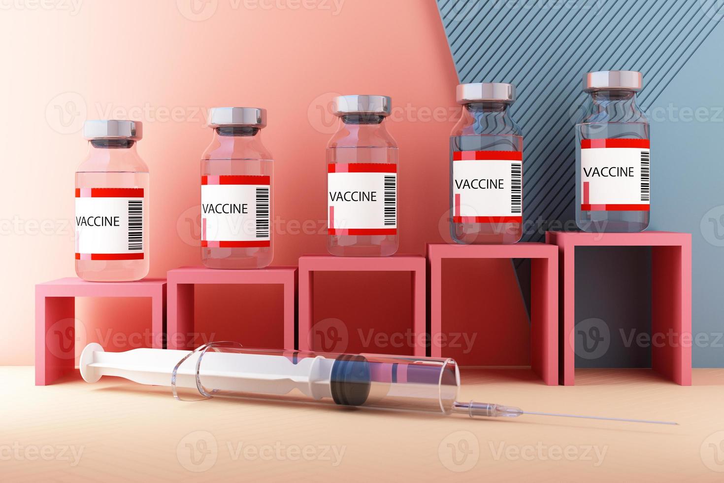 pequeno frasco de vacina para injeção de vacina coronavírus com uma seringa médica em fundo de cor pastel e renderização em 3d de forma geométrica foto