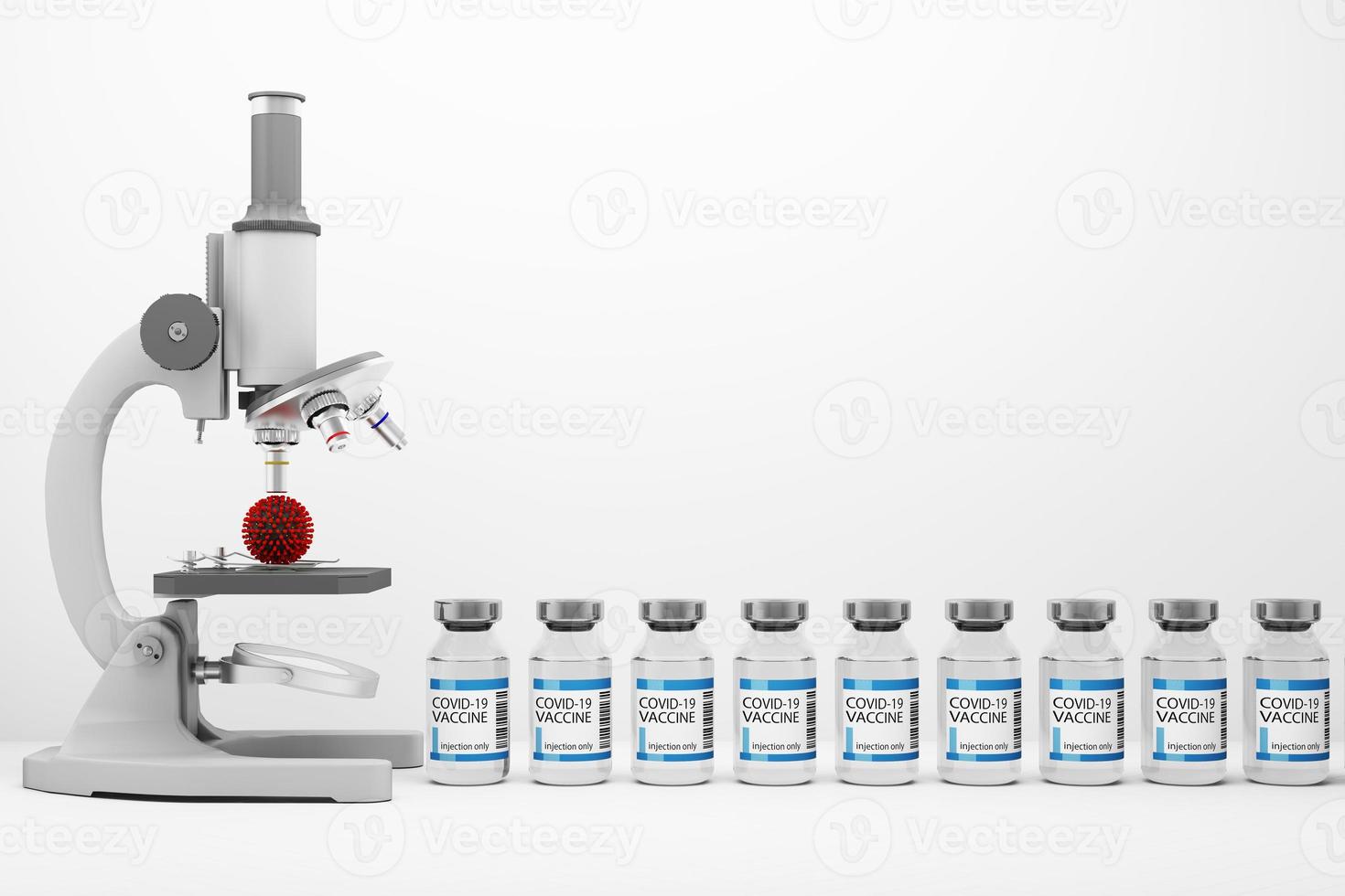 kit de autoteste covid-19 com vacina e medicamento em fundo branco. renderização em 3D foto