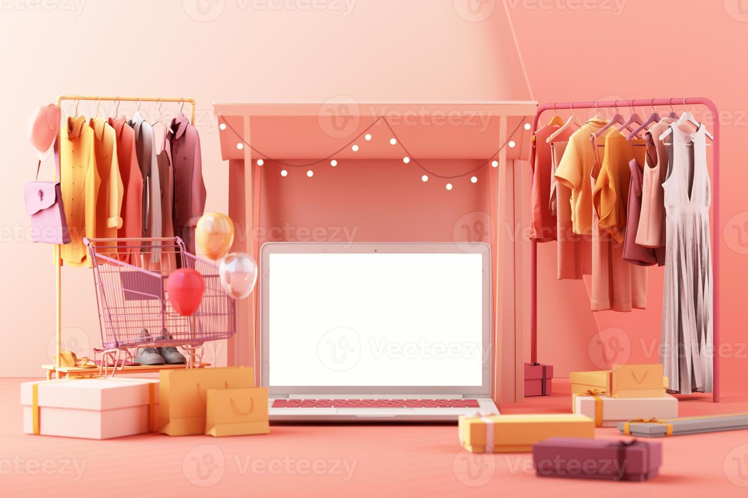 o conceito de mulheres on-line comprando roupas no aplicativo de mídia social. Tela do laptop 3d com sacola de compras, mensagem de bate-papo, carrinho de compras na cor pastel rosa renderização em 3d foto