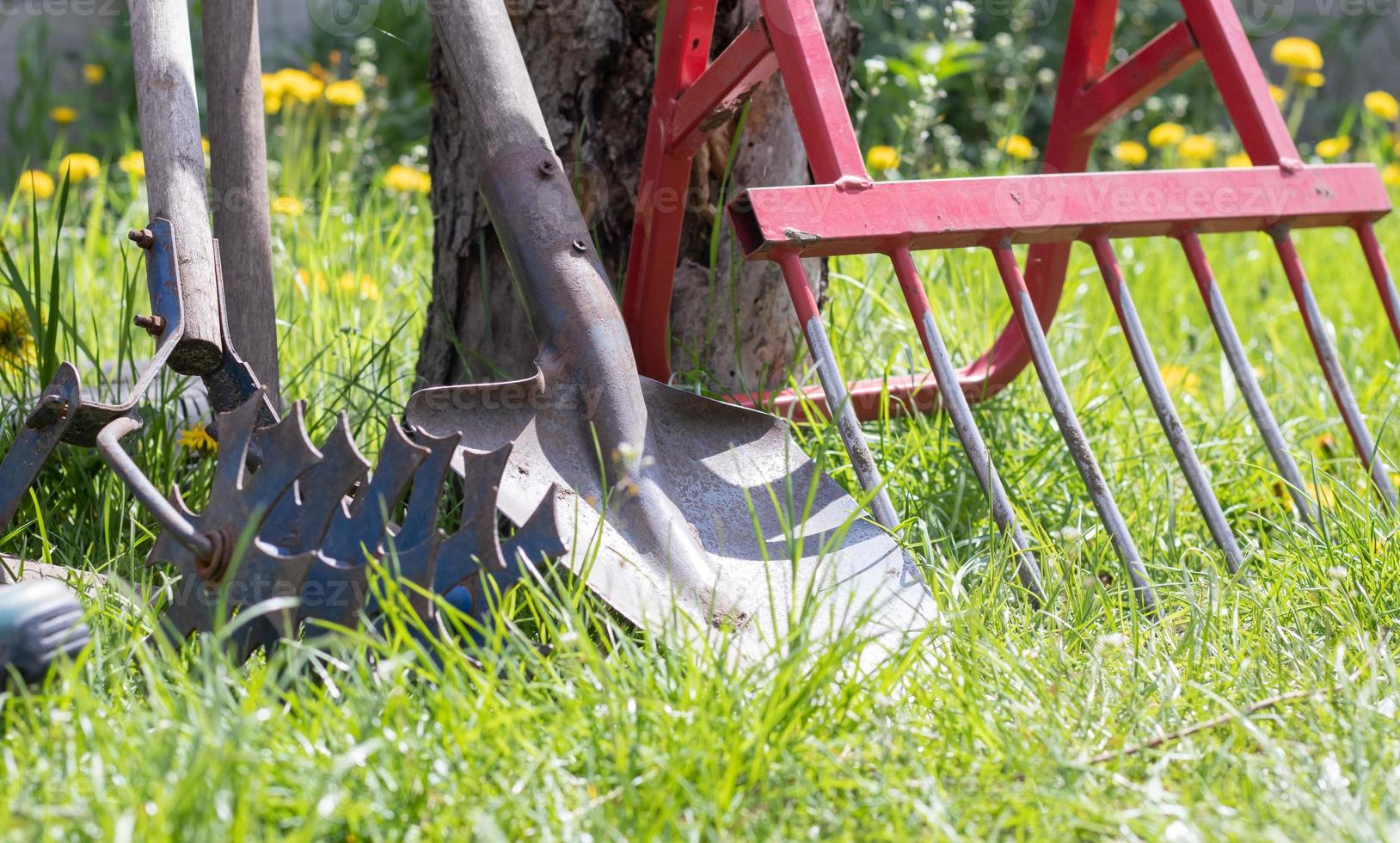 ferramentas de jardinagem. ferramentas de jardim no fundo de um jardim na grama verde. ferramenta de trabalho de verão. pá, garfo e fermento em pó empilhados no jardim lá fora. o conceito de ferramentas de jardinagem. foto