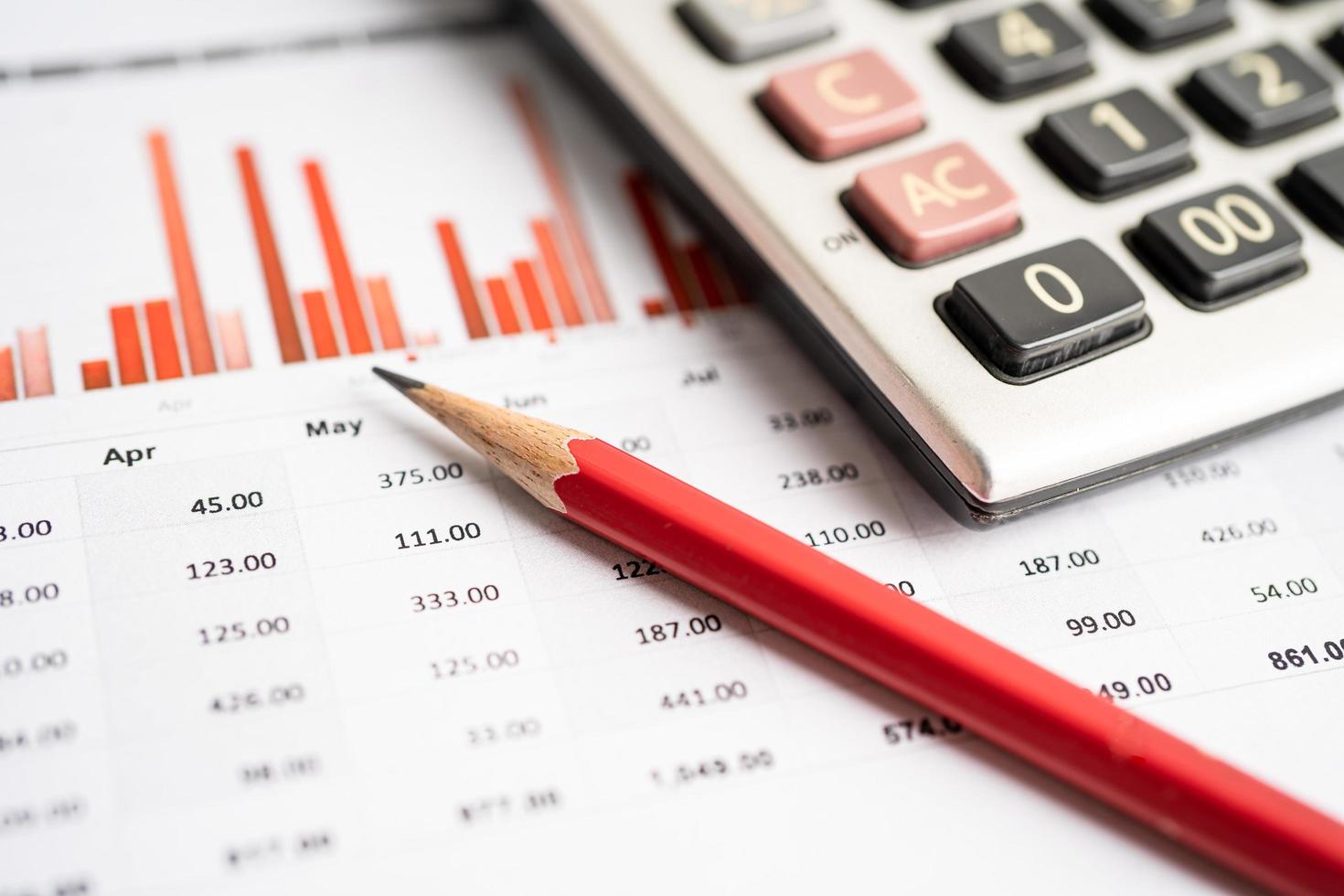 calculadora em papel de mesa de pré-planilha com gráfico. finanças, desenvolvimento, conta bancária, estatísticas de investimento, economia de dados de pesquisa analítica, comércio, conceito de reunião de empresa de negócios de relatórios de escritório. foto