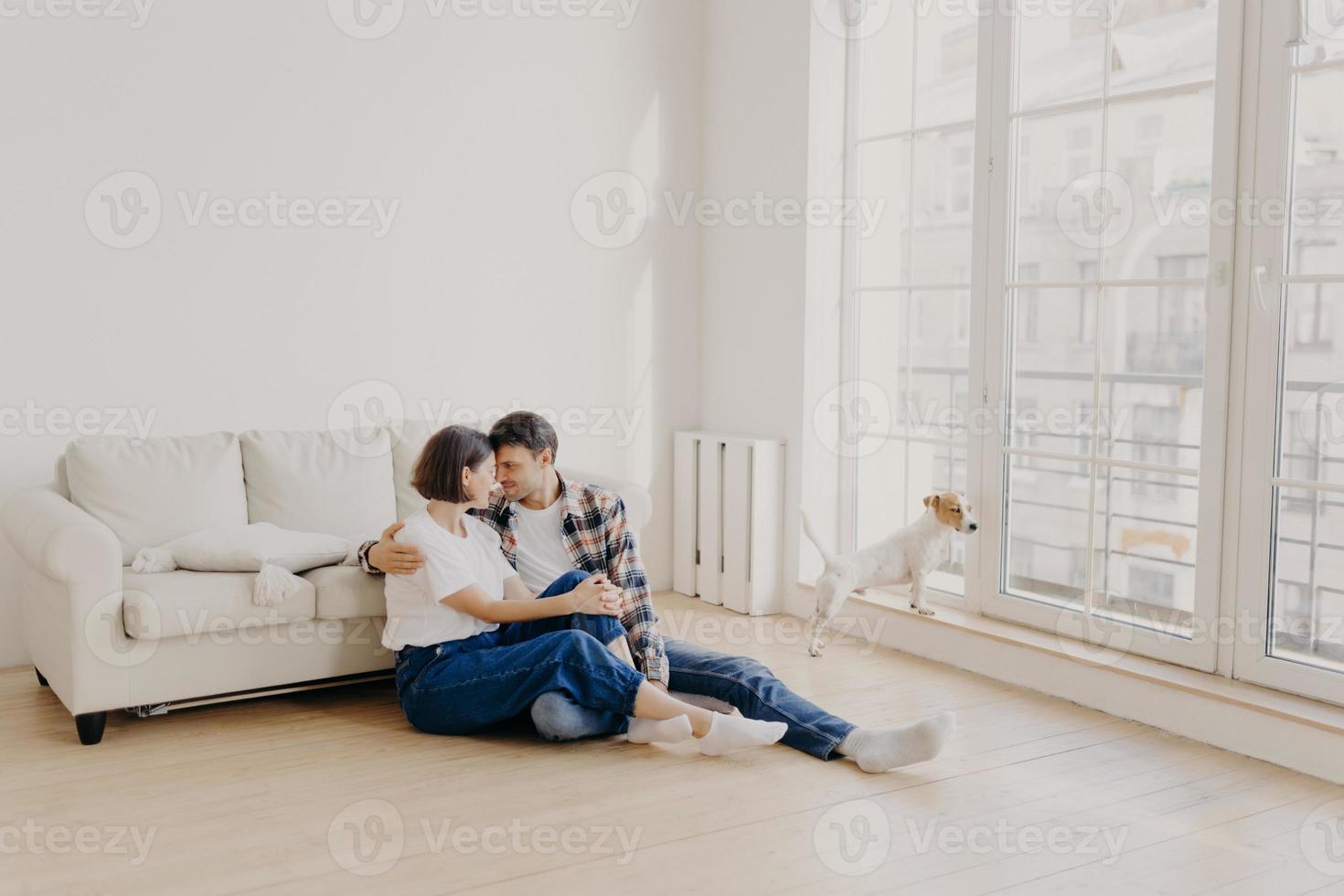 visão horizontal de feliz casal de família afetuoso vestido com roupas casuais, abraçar e expressar amor um ao outro, posar no chão perto do sofá no apartamento moderno, seu animal de estimação olha pela janela grande foto