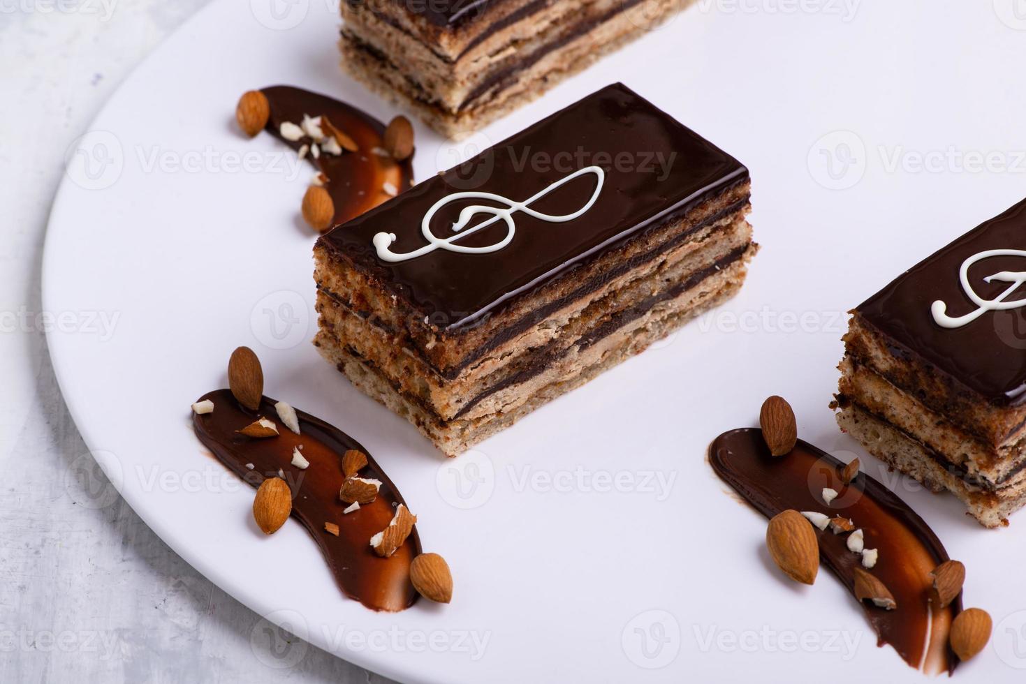 uma porção de deliciosos pedaços de bolo de chocolate em um prato branco foto