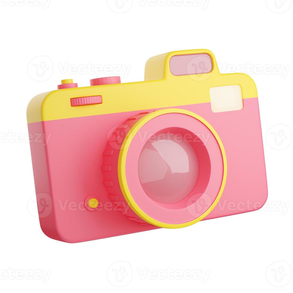 ilustração de renderização de câmera fotográfica 3d. fotocâmera digital compacta rosa e amarela com lente e flash. foto