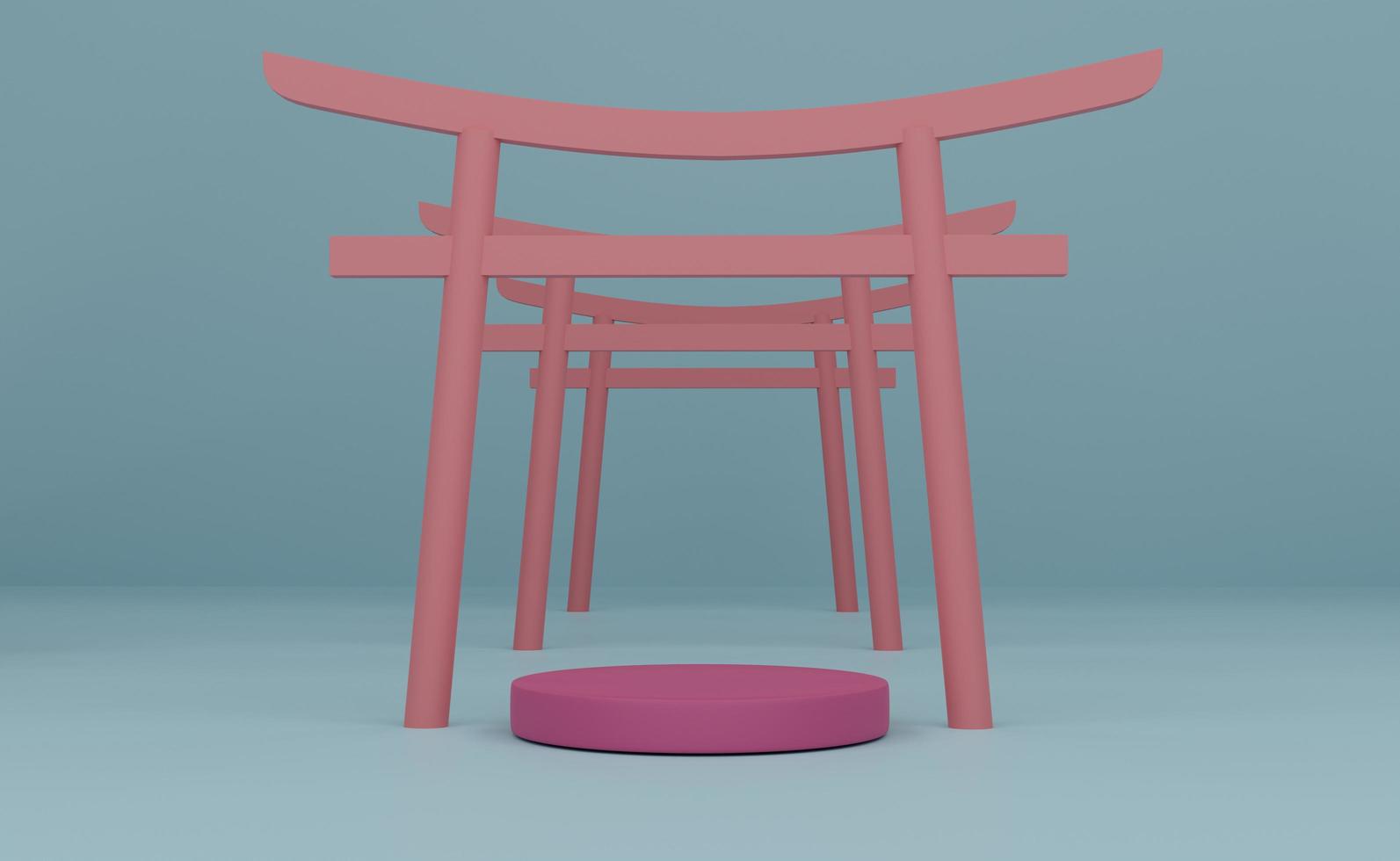 pódio vazio com portão torii japonês em composição pastel azul céu para exibição de palco moderno e maquete minimalista, fundo de vitrine abstrato, ilustração 3d do conceito ou renderização 3d foto