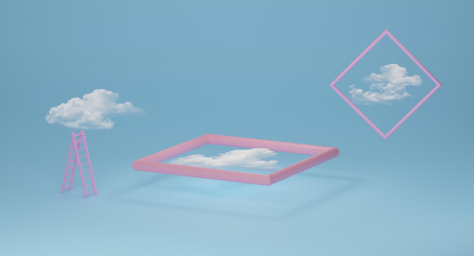 escada ou escada e nuvem com sala de composição pastel azul céu, maquete minimalista, fundo de vitrine abstrato, ilustração 3d do conceito ou renderização 3d foto