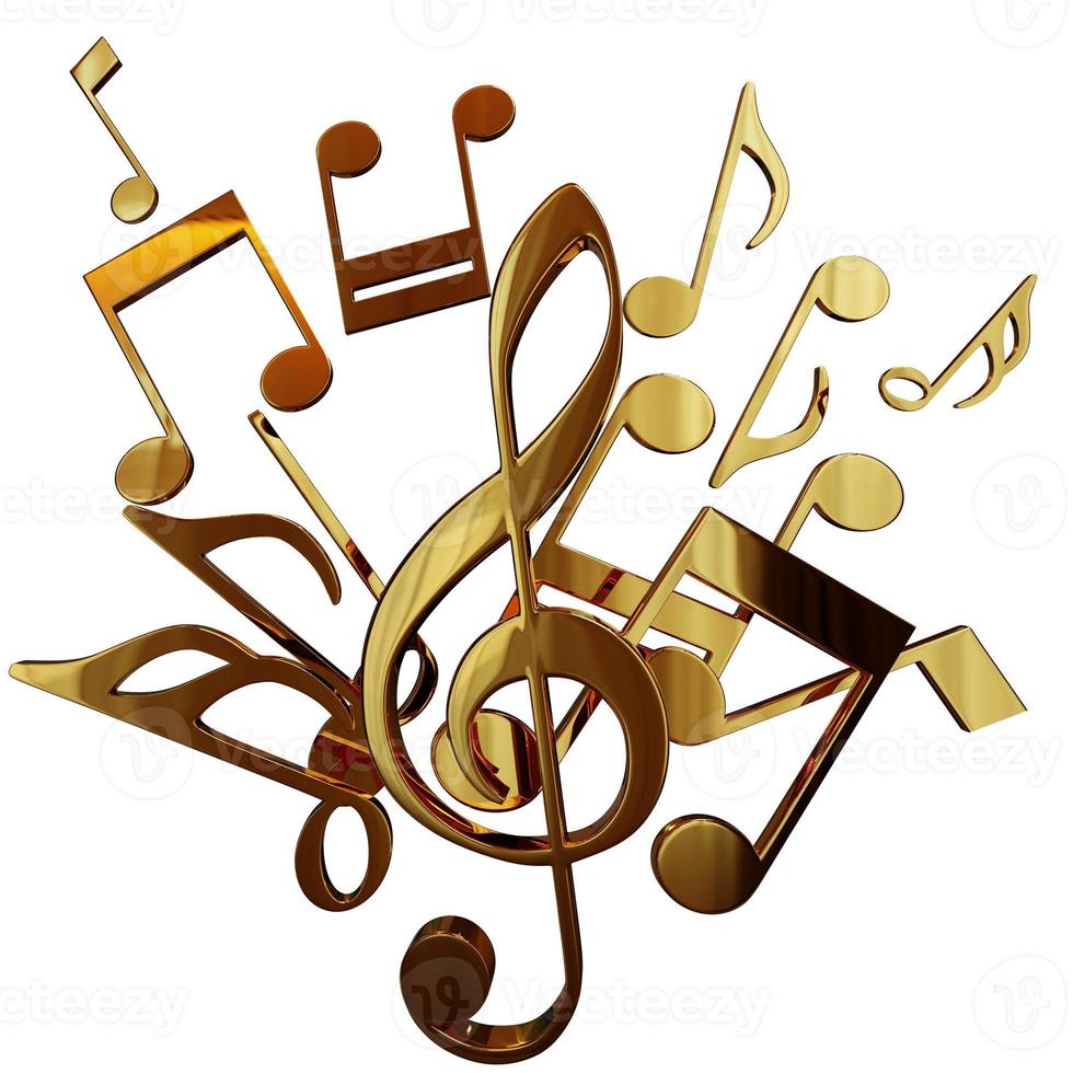 clave de sol de metal dourado realista e notas musicais em um fundo branco. Elementos de decoração de símbolo musical dourado 3D para design. foto