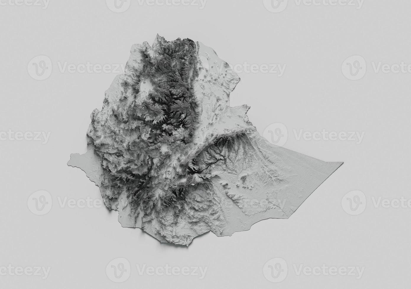 mapa da etiópia mapa de altura de cor cinza relevo sombreado no fundo preto e branco ilustração 3d foto