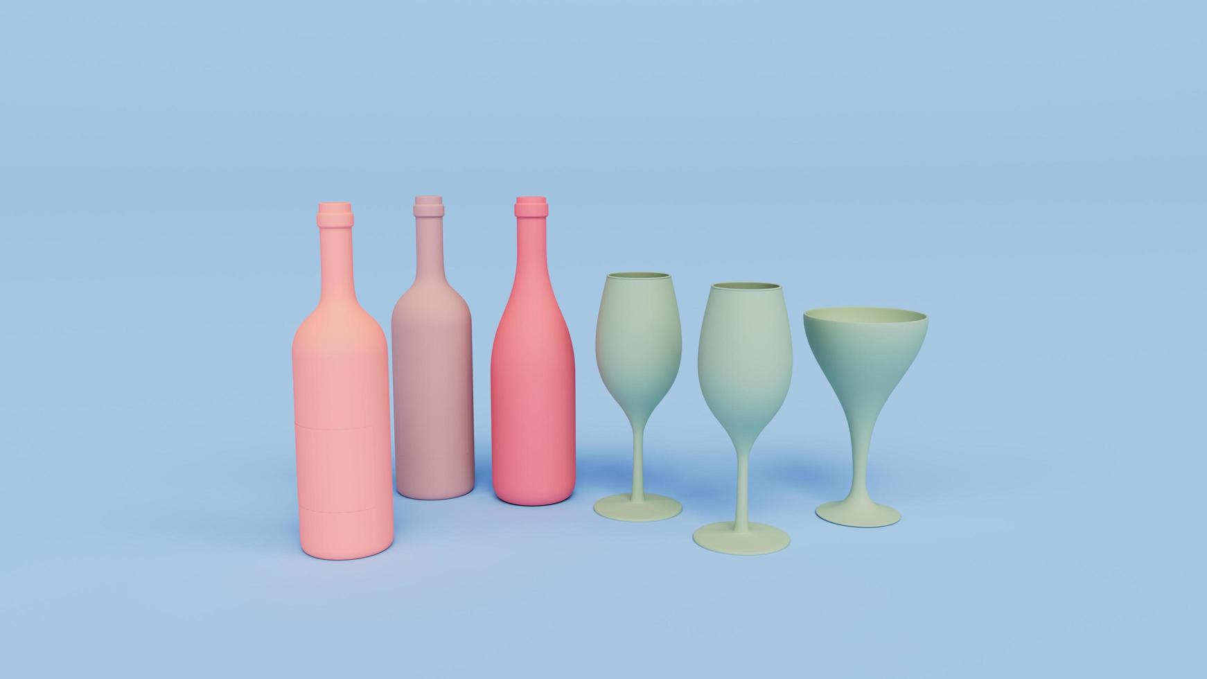 garrafas de vinho e copos 3d render ilustração com fundo foto