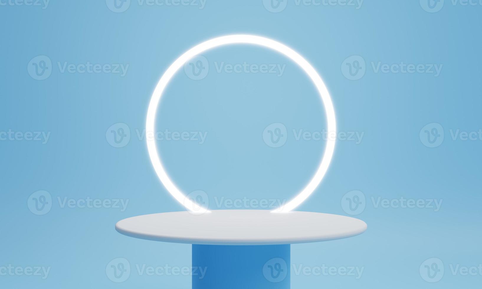 palco de pódio de produto mínimo com luz de anel em cor branca azul pastel e forma geométrica para fundo de apresentação. abstrato e modelo de cena de decoração. renderização de ilustração 3D foto