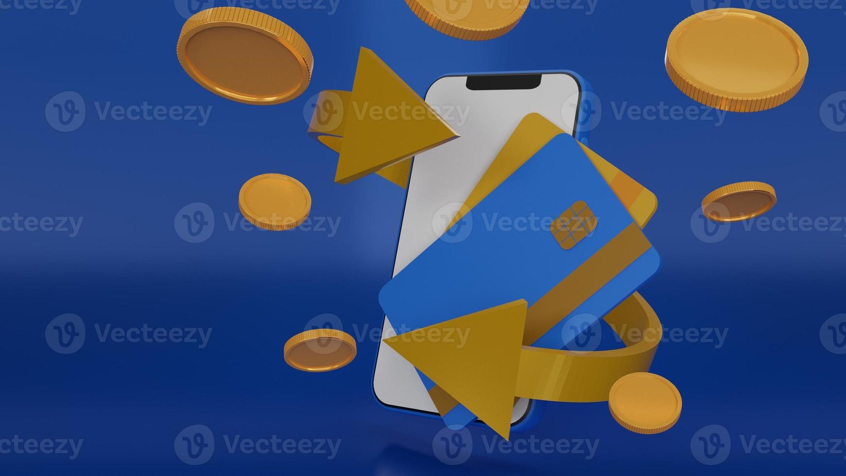 smartphone com display em branco, smartphone de pagamento financeiro, carteira digital, moedas e cartão de crédito. aplicativo móvel de compras, reembolso e serviços bancários, economia de dinheiro, ilustração de renderização 3d foto