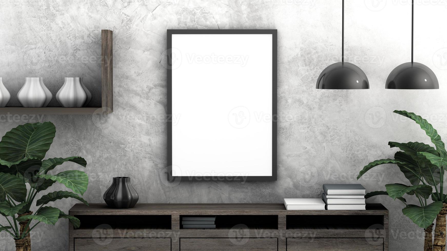 quadro vertical de maquete, foto em branco branca na sala moderna, renderização em 3d