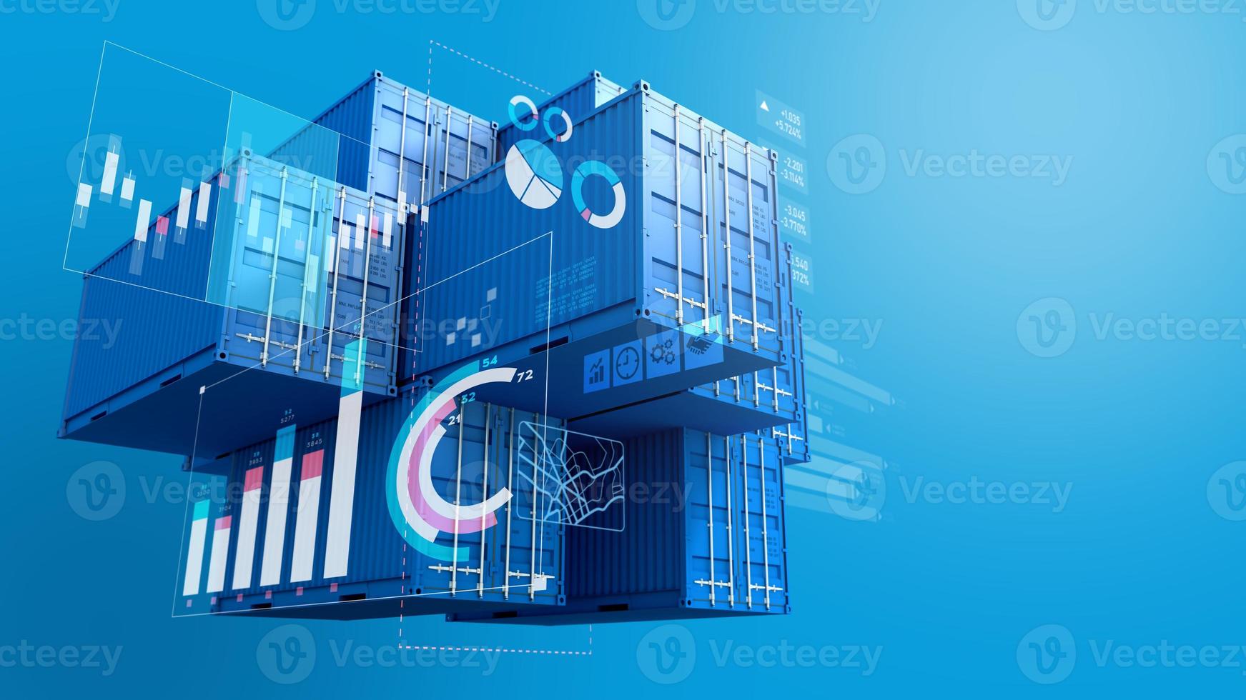 pilha de caixa de contêineres azuis com gráfico digital, negócios de exportação de importação, renderização em 3d foto