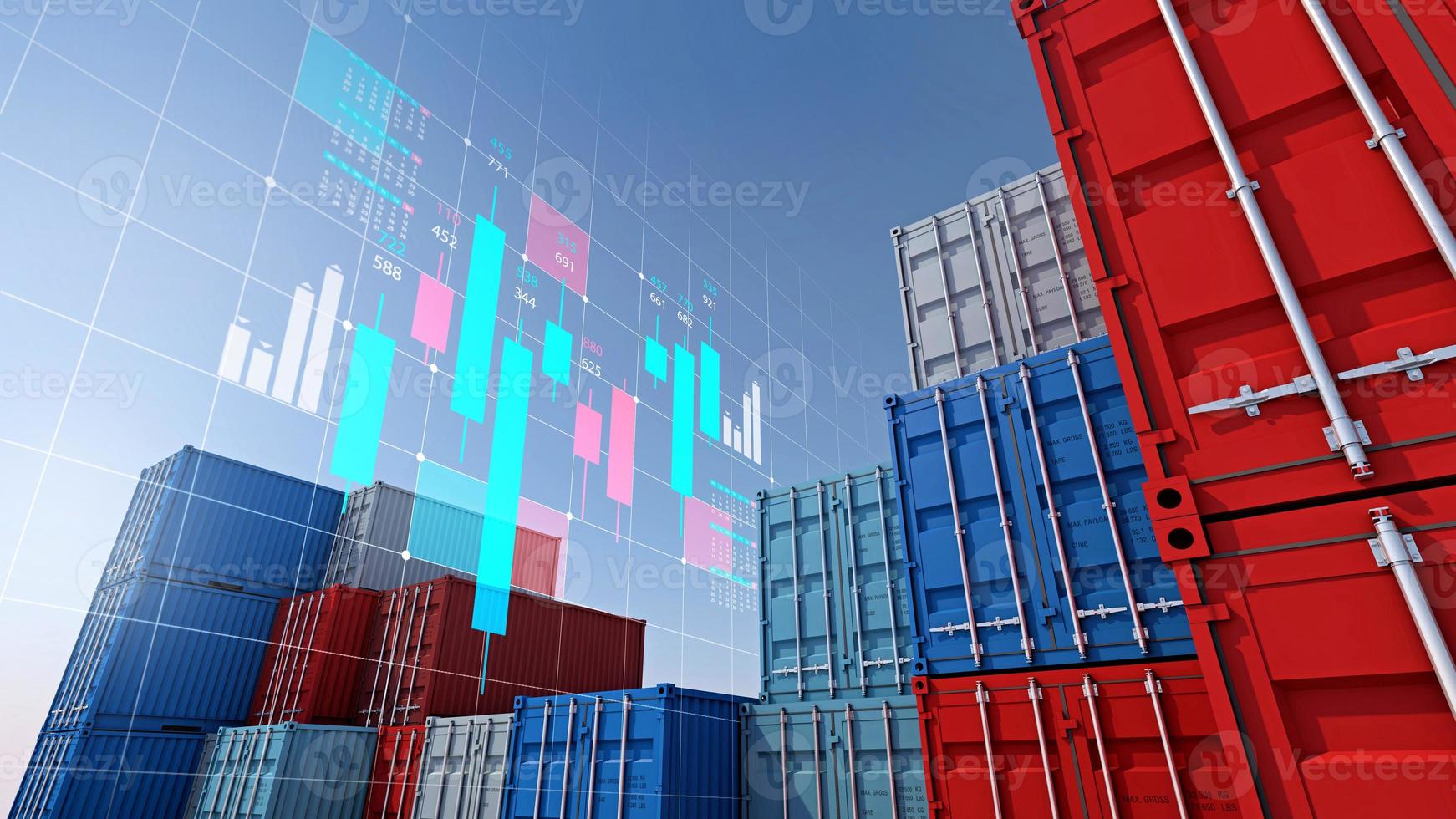 carga de contêiner para negócios de exportação de importação e gráfico do mercado de ações digital, renderização em 3d foto