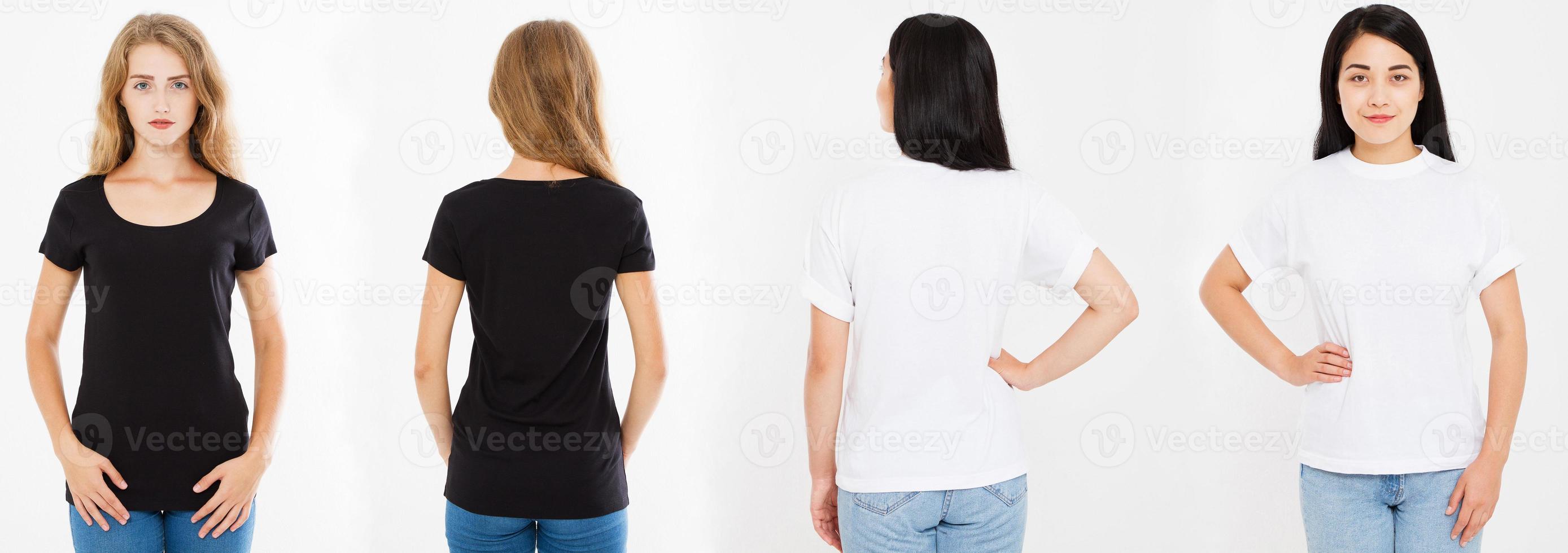 duas mulheres, meninas com camiseta em branco isolada, colagem mulher caucasiana e asiática em camiseta, camiseta preta e branca foto