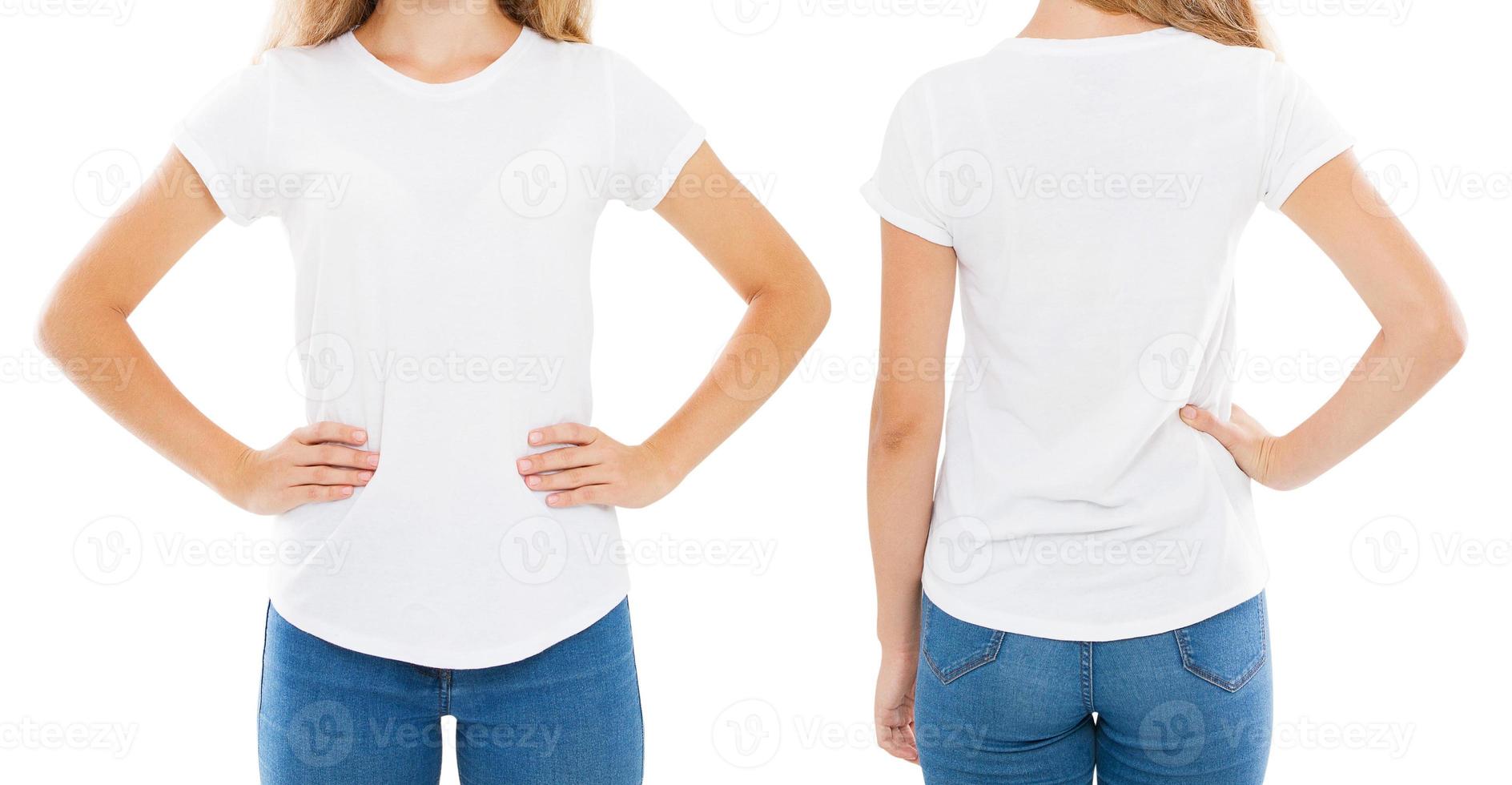 frente traseira vistas camiseta feminina isolada no branco, camiseta feminina, camiseta feminina foto