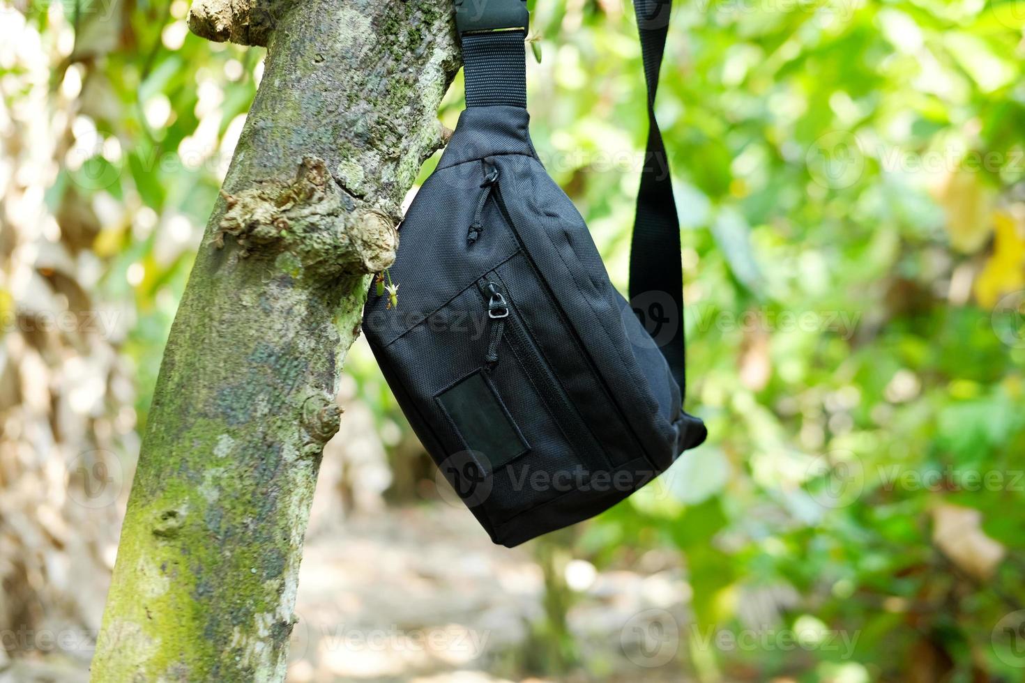 bolsa de cintura preta masculina pendurada na árvore foto