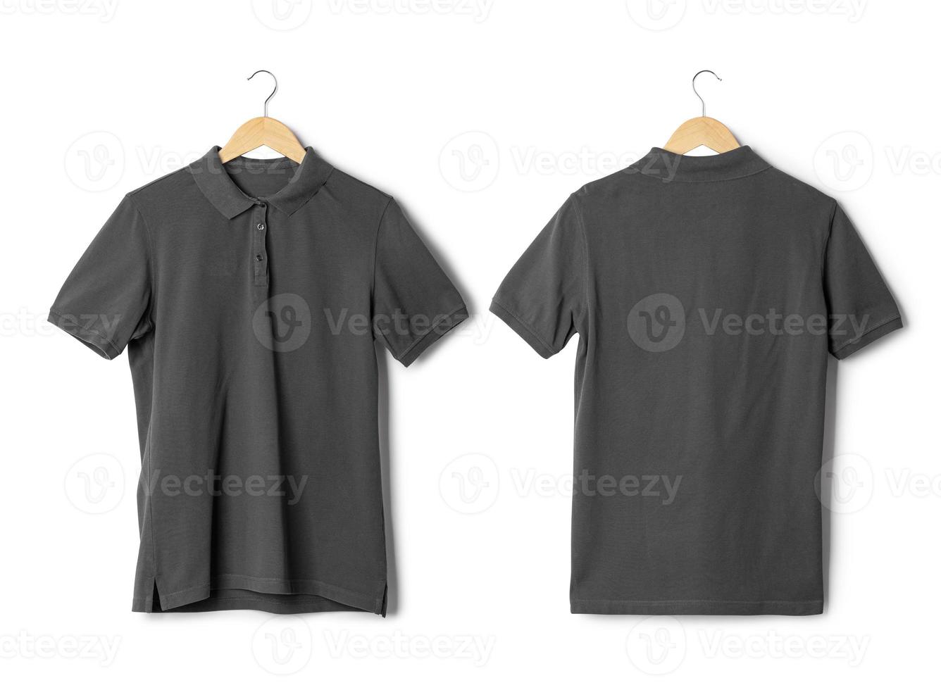 maquete de camisa polo cinza realista pendurada frente e vista traseira isolada no fundo branco com traçado de recorte foto