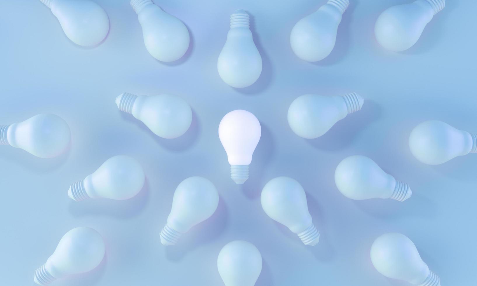 brilhante lâmpada branca destacando-se da multidão sobre fundo azul. ideias, liderança, conceito de criatividade. renderização 3D. foto