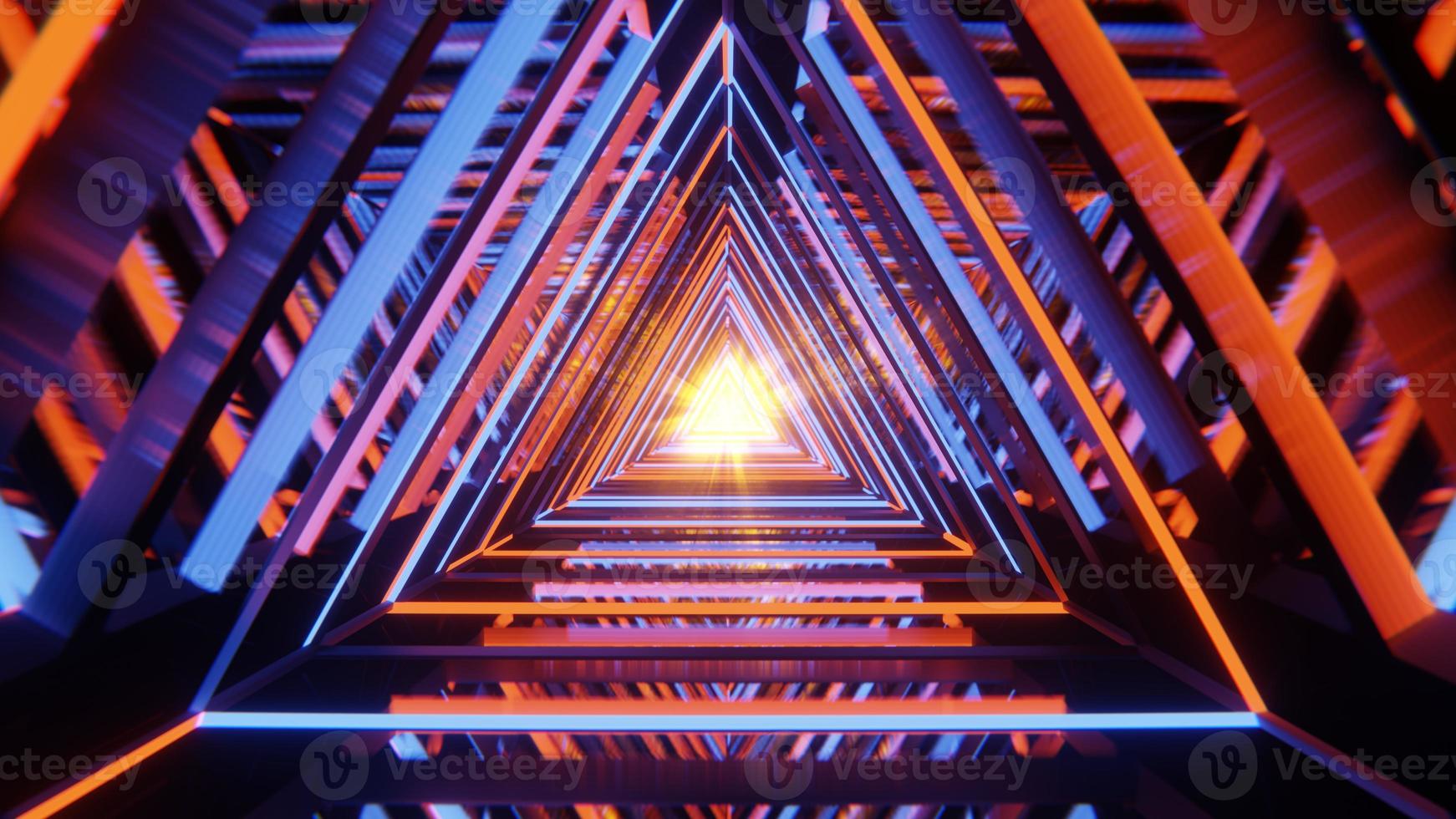 papel de parede geométrico com túnel triangular. abstrato com triângulos de luz neon brilhante laranja-azul. ilustração 3D foto