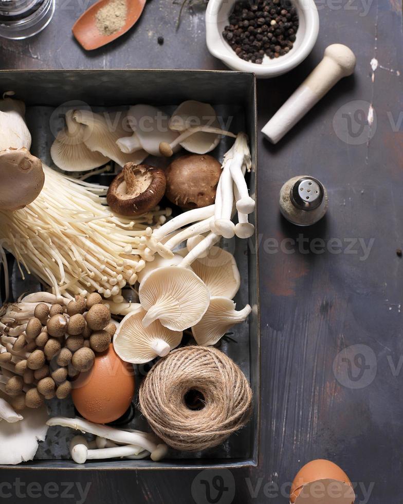 vários cogumelos, conceito de comida saudável foto
