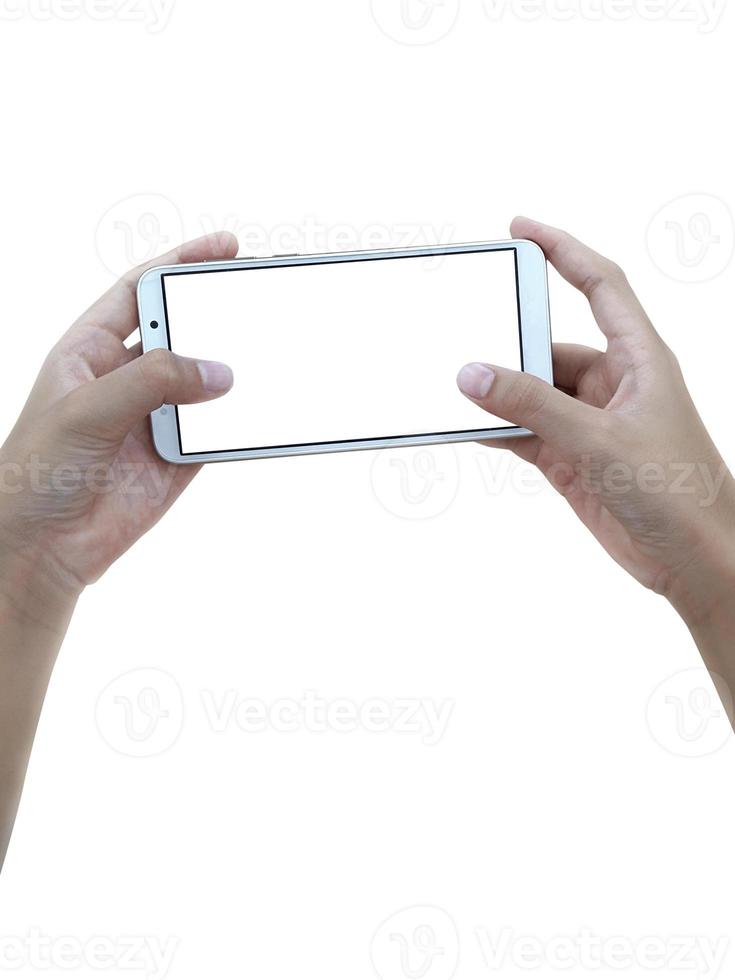 duas mãos segurando um telefone inteligente de tela grande, traçado de recorte foto