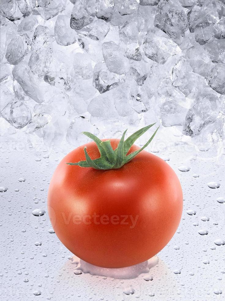 tomate fresco em fundo de cubos de gelo foto