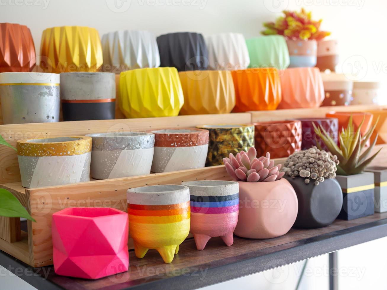 lindos vários plantadores de concreto geométricos com cactos, flores e plantas suculentas. muitos vasos de concreto pintados coloridos para decoração de casa foto