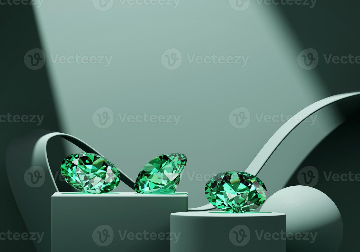 diamantes esmeralda verde colocados em renderização 3d de fundo verde foto