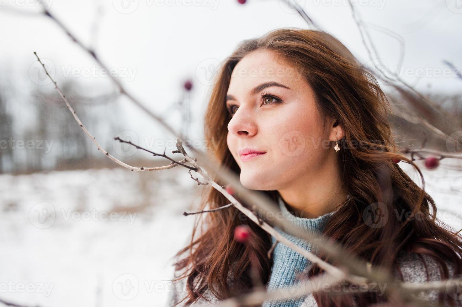 feche o retrato de uma garota gentil com casaco cinza perto dos galhos de uma árvore coberta de neve. foto