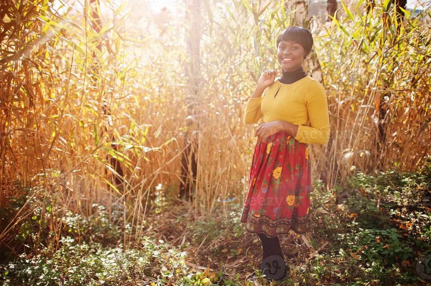 garota afro-americana no vestido amarelo e vermelho no parque outono outono dourado. foto