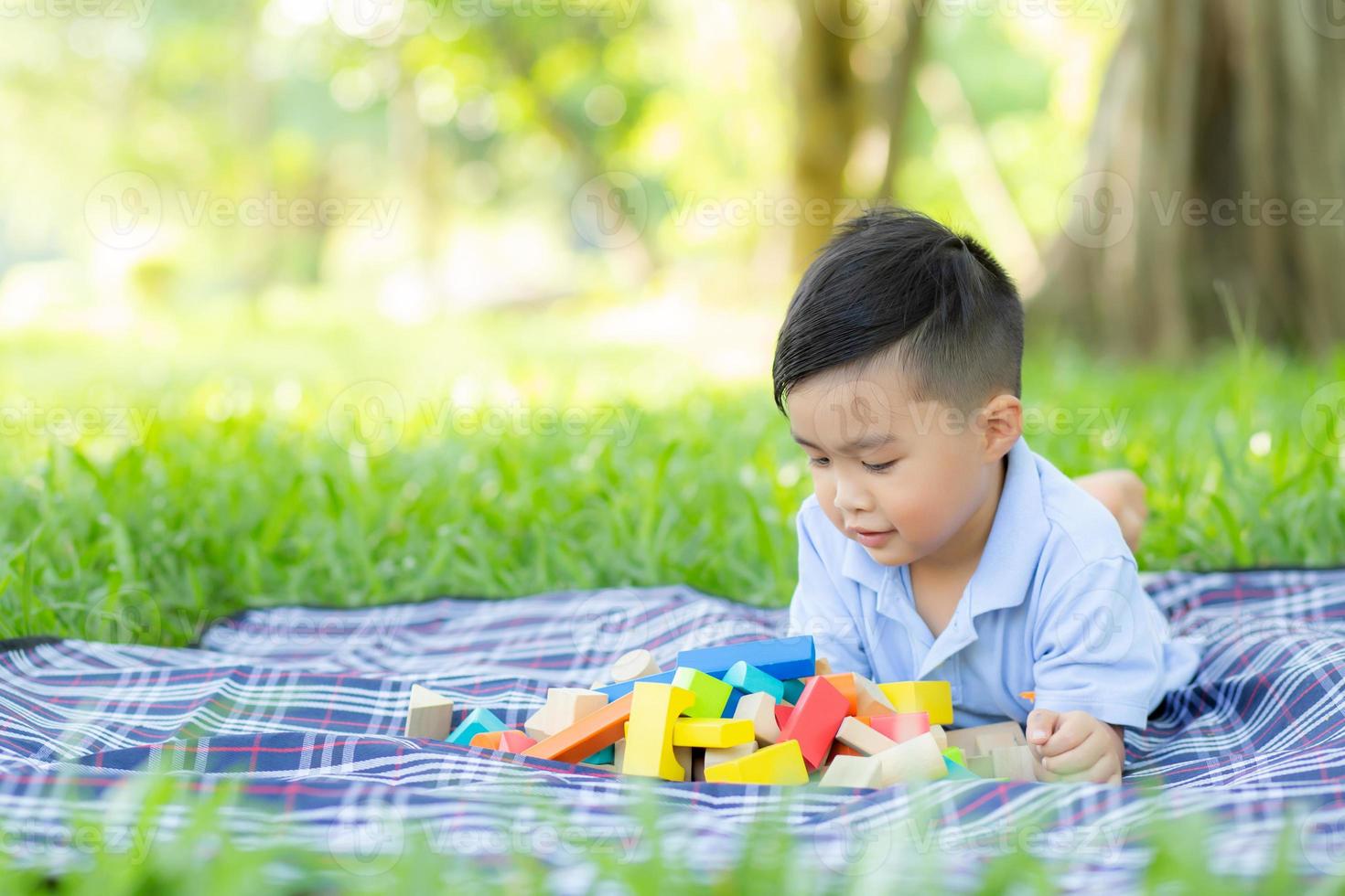 garotinho está jogando por ideia e inspiração com bloco de brinquedo no campo de grama, criança aprendendo com bloco de construção para educação, atividade infantil e jogo no parque com feliz no verão. foto