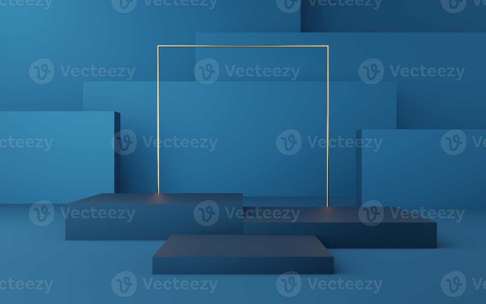 pódio de cubo azul vazio com borda de ouro e quadrado de ouro no fundo da caixa azul. objeto de forma geométrica 3d estúdio mínimo abstrato. espaço de maquete para exibição de design de produto. renderização 3D. foto