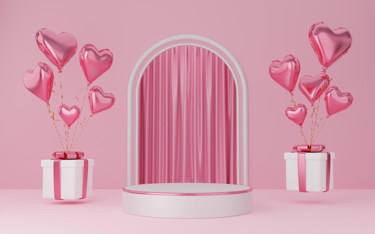 pódio de cilindro branco vazio com borda rosa, caixas de presente, balões de corações no fundo do arco e cortina. interior de dia dos namorados com pedestal. espaço de maquete para exibição de design de produto. renderização 3D. foto