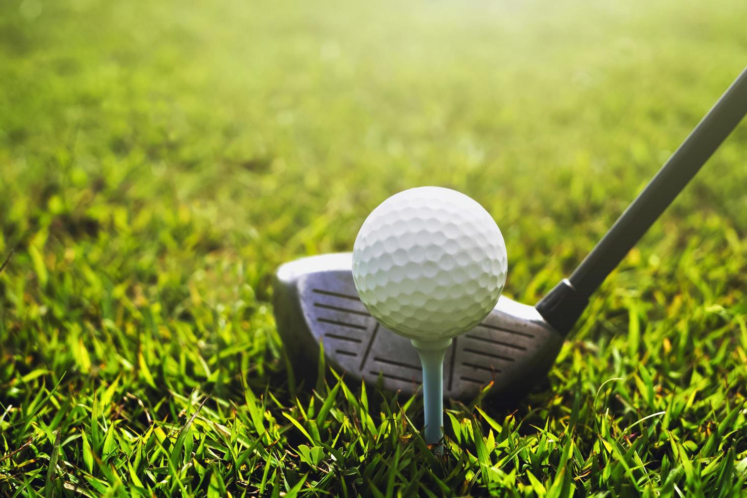 clube de golfe closeup e bola de golfe na grama verde foto
