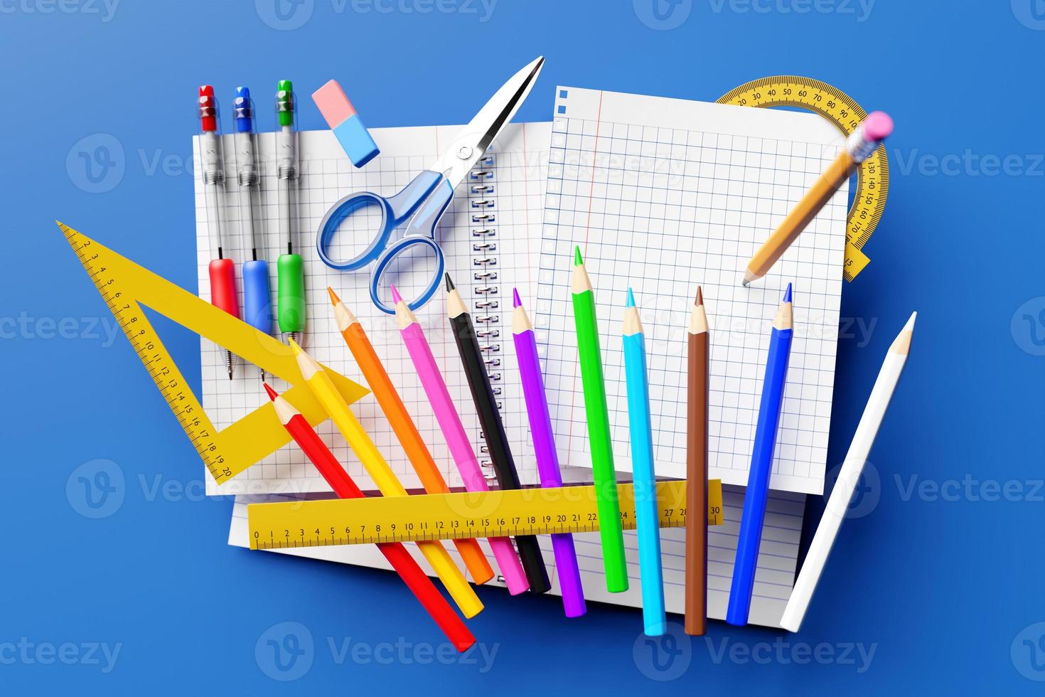 papelaria escolar. lápis de cor, canetas de tinta colorida, lápis comum com elástico vermelho, réguas, tesouras e folhas de caderno em branco sobre fundo branco. ilustração 3D. foto