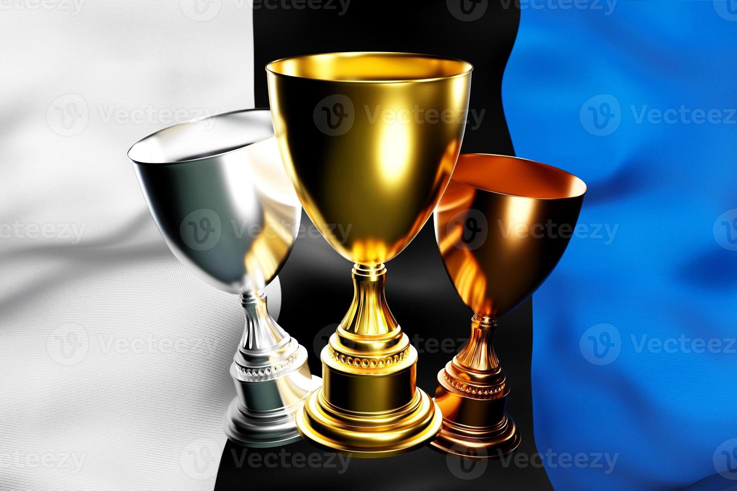 ilustração 3D de uma taça de vencedores de ouro, prata e bronze no fundo da bandeira nacional da estônia. Visualização 3D de um prêmio por conquistas esportivas foto