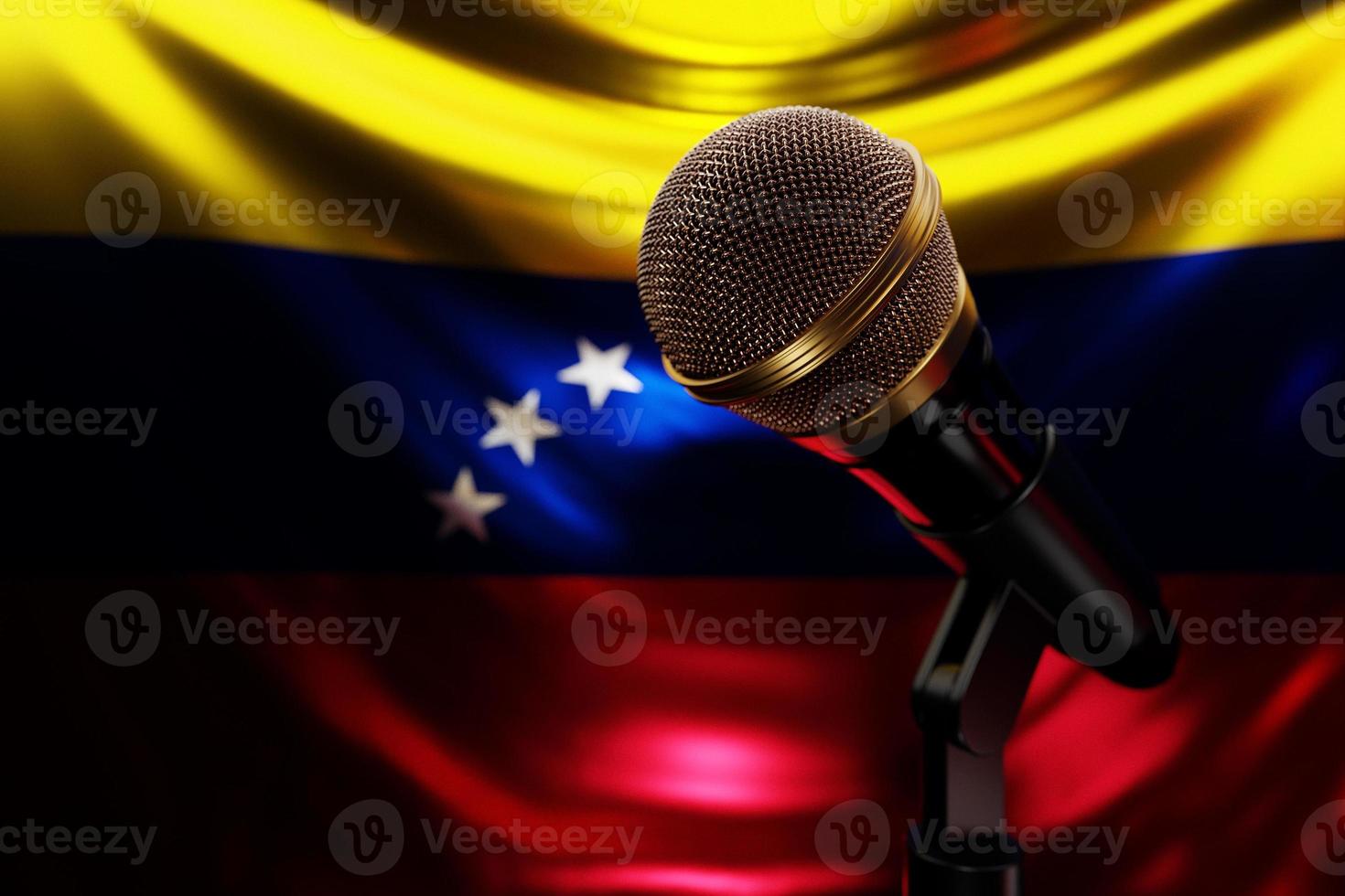 microfone no fundo da bandeira nacional da venezuela, ilustração 3d realista. prêmio de música, karaokê, rádio e equipamentos de som de estúdio de gravação foto