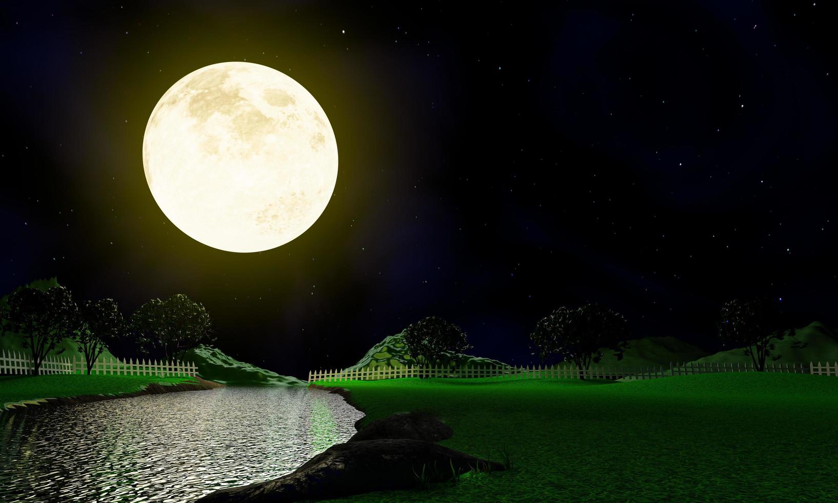 lua cheia no céu e estrelas, prados com canais ou rios. visão noturna de lua cheia do prado. renderização em 3D foto