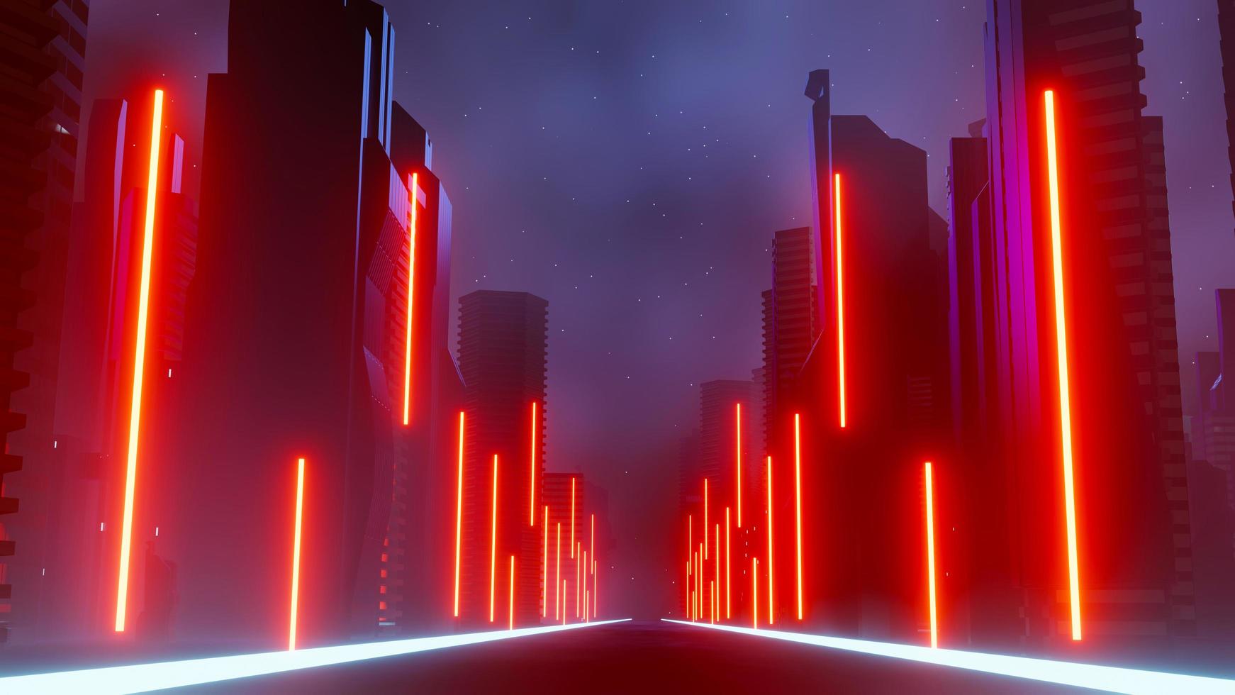 3d renderização do conceito de paisagem de cidade noturna cyber punk. luz brilhando na cena escura. vida noturna. rede de tecnologia para 5g. além da geração e futurista da capital da ficção científica e da cena do edifício. foto