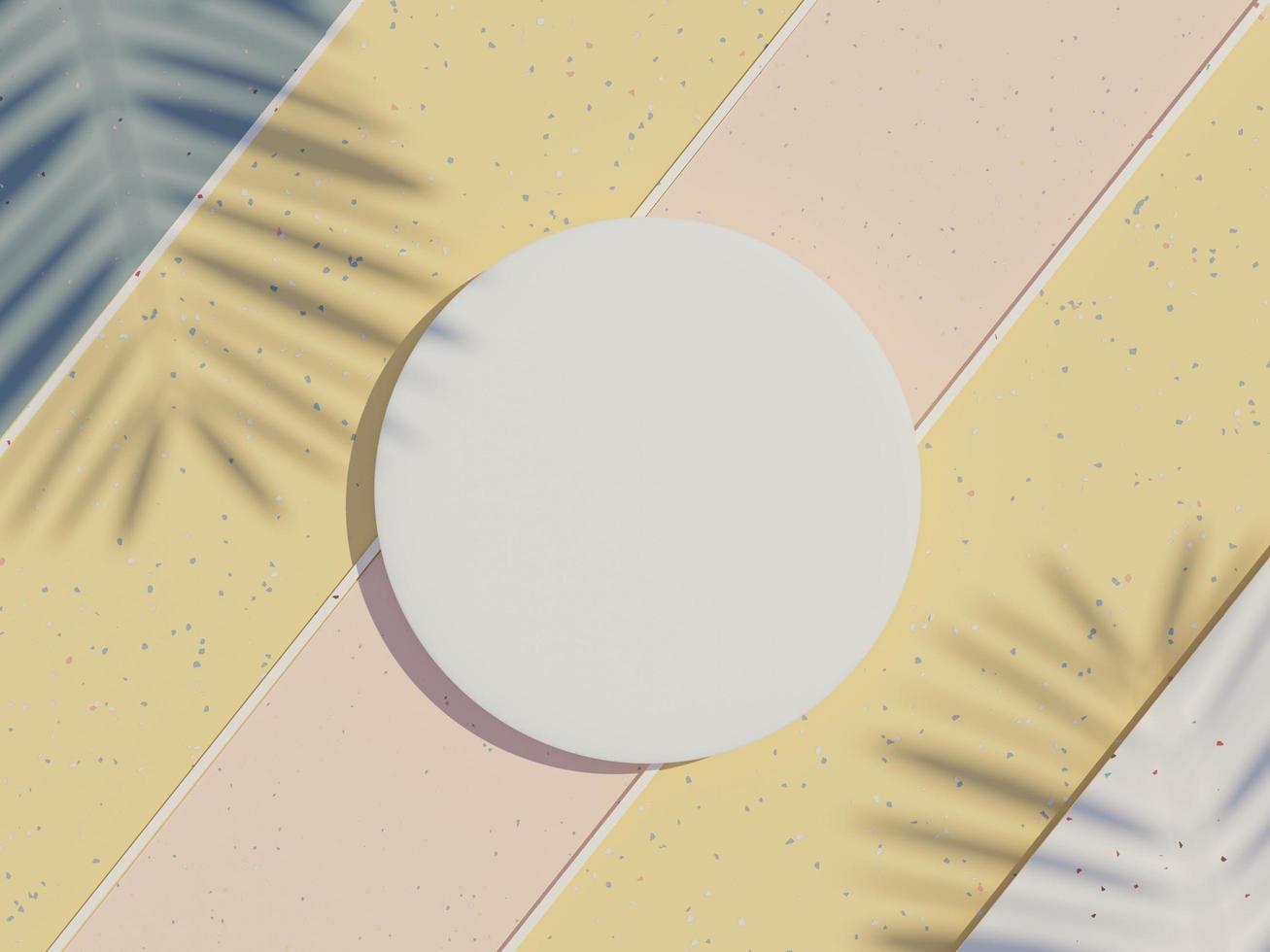 Vista superior de renderização 3D do quadro de cilindro em branco branco para simular e exibir produtos com sombras de folhas de palmeira, tom de terra e fundo de parede de terrazzo. conceito de ideia criativa. foto